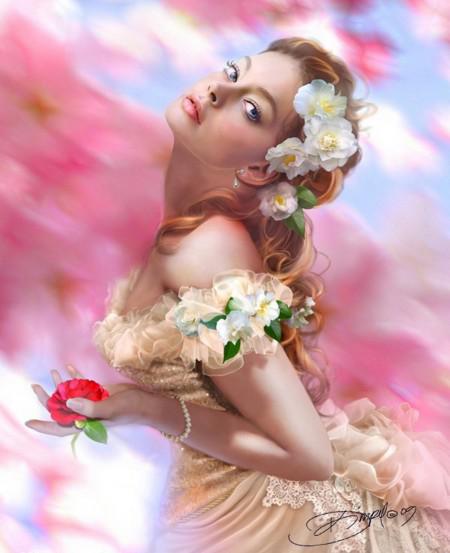 Нарисованная девушка в бальном платье держит розу, Картинки, рисунки красивые